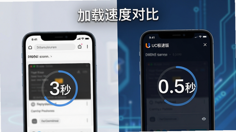 主体:手机屏幕上显示网页加载速度对比动画截图,左侧是普通浏览器缓慢加载,右侧是UC极速版瞬间完成,布局:左右分屏对比,排版:上方有标题“加载速度对比”,风格:现代科技感,细节:左侧显示“3秒”,右侧显示“0.5秒”,画质:高清,干净,无多余元素