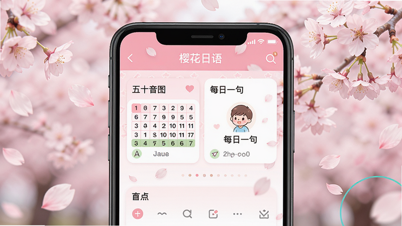 画面中央是一部智能手机,屏幕显示“樱花日语”App主界面,上方有“五十音图”和“每日一句”模块,背景是柔和粉色樱花飘落,整体风格清新日系,排版干净无多余元素,画质高清,细节丰富。