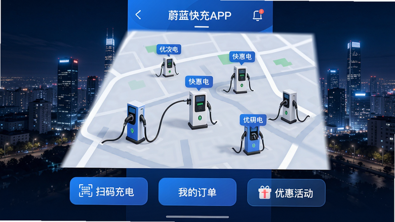 蔚蓝快充APP主界面展示,城市夜景背景,充电桩地图上标注多个站点,下方有'扫码充电'、'我的订单'、'优惠活动'按钮,整体蓝色科技风格,UI简洁高清,画质细腻,干净无多余元素。