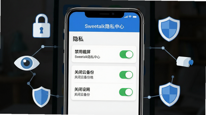 主体:手机界面显示隐私设置选项,有“禁用截屏”、“关闭云备份”等开关,顶部有“Sweetalk隐私中心”标题;布局:手机居中,周围环绕隐私保护符号如锁、眼睛、盾牌;排版:UI控件清晰,开关按钮为绿色;风格:扁平干净,白色背景配蓝色点缀;细节:每个开关旁有简短的说明文字,字体清晰;画质:细腻,无多余元素