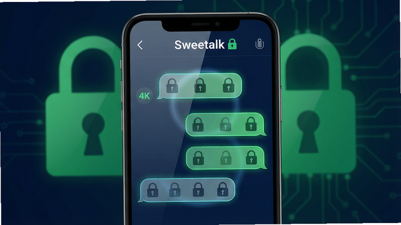主体:手机屏幕上显示Sweetalk聊天界面,背景为绿色加密锁图标;布局:居中放置手机正面,聊天气泡有锁形水印;排版:界面简洁,顶部有“Sweetalk”字样和加密状态图标;风格:科技感与安全感结合,色调以深蓝和绿色为主;细节:聊天气泡边缘有微弱发光效果,屏幕反射柔和光晕;画质:4K超清,干净无多余元素