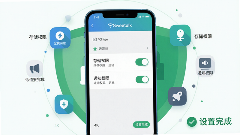 主体:手机屏幕上显示Sweetalk的设置界面,突出显示“存储权限”、“通知权限”开关,背景为绿色安全盾牌;布局:手机居中,周围有权限图标悬浮;排版:清晰列表,开关处于打开状态;风格:扁平极简,蓝绿配色;细节:每个权限旁有简短说明文字,右下角有“设置完成”绿色对勾;画质:4K,干净无杂乱画面