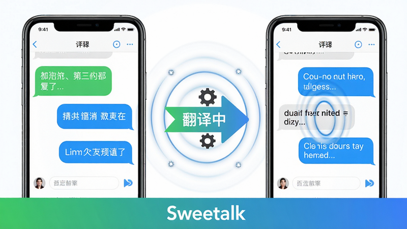 主体:两部手机分别显示中文和英文聊天界面,中间有“翻译中”动画箭头;布局:左右两部手机,中间为翻译波纹;排版:手机横向排列,底部有“Sweetalk”品牌色条;风格:国际化、明亮,彩色气泡;细节:中文气泡为绿色,英文为蓝色,翻译箭头带微小齿轮;画质:干净,高清晰度