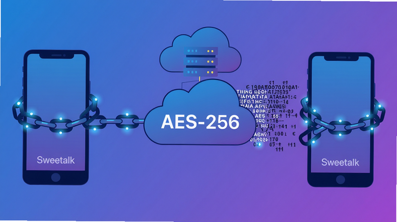 主体:数据在传输过程中被锁链缠绕的抽象图,中央标有“AES-256”字样;布局:锁链从左侧手机流向右侧手机,中间经过云端服务器并变成乱码;排版:左右对称,手机底部有“Sweetalk”水印;风格:极简科技插画,蓝紫色渐变;细节:锁链节点闪烁微弱蓝光,乱码字符为英文和数字;画质:高分辨率,干净背景,无多余元素