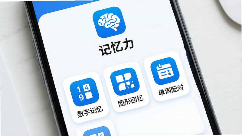 主体为一部智能手机屏幕显示记忆力应用主界面,布局居中,上方有应用logo和“记忆力”文字标题,下方排列多个训练模块图标如“数字记忆”“图形回忆”“单词配对”,配色以蓝色和白色为主,风格清新简约,细节圆角卡片设计,画质高清干净无多余元素