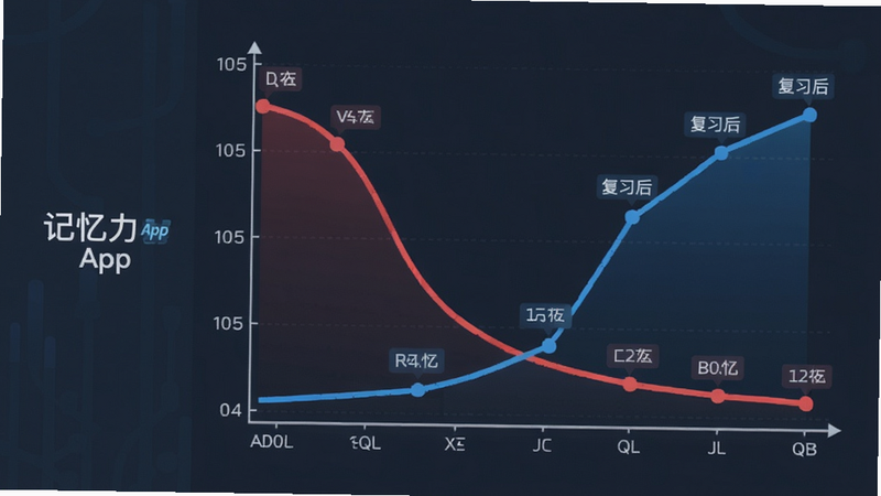 主体为一个时间轴图表展示遗忘曲线,左侧标注“记忆力App”,图表中红色曲线随天数递减,蓝色折线表示复习后回升,布局左右结构清晰,风格科技感扁平化,细节有数据标签,画质干净专业