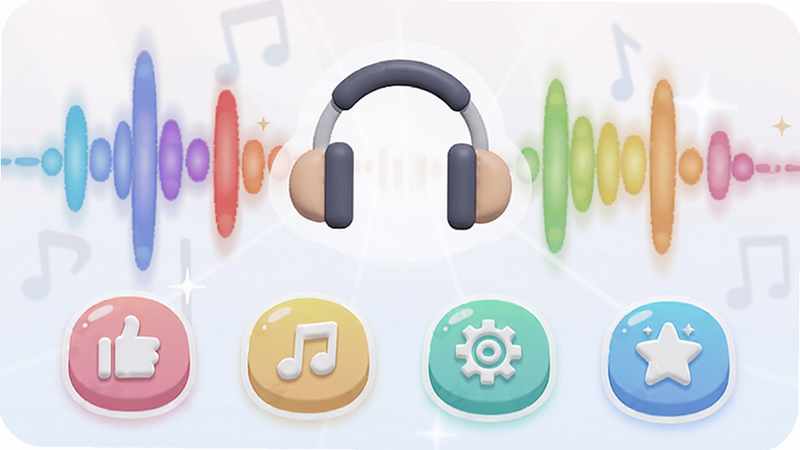 主体为手机界面展示声音记忆关卡,背景是彩色声波图形,中央一个耳机图标,下方四个选项按钮带图标,布局简洁,风格活泼卡通,细节按钮有微光效,画质柔和干净