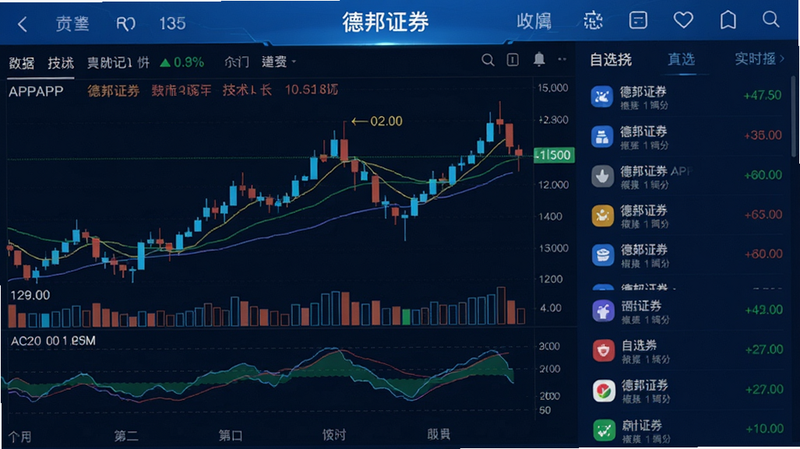 �°�֤ȯAPP����ҳ�棬��ʾK��ͼ�ͼ���ָ�꣬��ѡ���б�������ʵʱ���£���ɫ�Ƽ��У��������������ʸɾ�