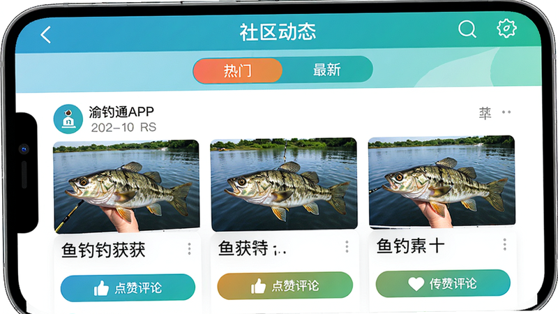 渝钓通APP的社区动态页面,展示钓友发布的鱼获照片和文字,点赞评论按钮,顶部有“热门”“最新”选项卡,界面社交风格,色彩明亮,画质高清,干净无多余元素