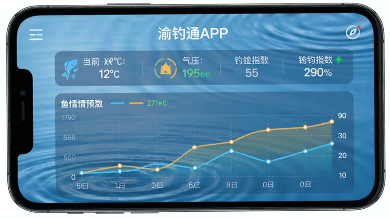 渝钓通APP的天气与鱼情界面,显示当前温度、气压、钓鱼指数,以及鱼情预测曲线,界面简洁,数据清晰,背景有水波纹效果,画质高清,干净无多余元素