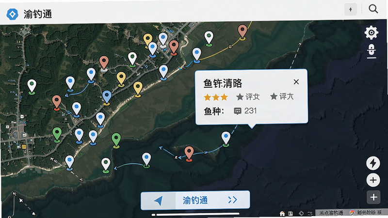 渝钓通APP的钓点地图页面,显示多个钓点标记,点击弹窗展示钓点名称、评分、鱼种信息,底部有导航按钮,地图风格为卫星混合,画质清晰,干净无多余元素