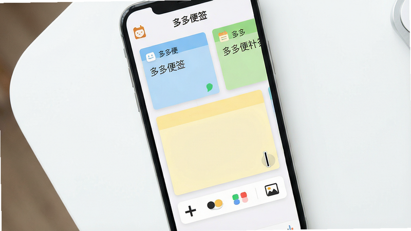 一张手机屏幕的俯视图,屏幕中央显示“多多便签”主界面,顶部有应用名称“多多便签”,下方排列着多个不同颜色的便签卡片,卡片上带有文字摘要和图标,最前面一张浅黄色便签处于编辑状态,光标闪烁,周围有简单的工具栏图标(加粗、颜色、图片等)。背景为纯白色桌面,整体风格极简清新,画面干净高清,无多余元素。