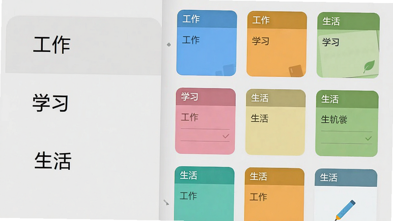 手机屏幕截图,显示多多便签的分类侧边栏展开状态,左侧列出“工作”、“学习”、“生活”三个彩色标签,右侧对应显示每个标签下的便签卡片缩略图,卡片颜色与标签一致。背景是浅灰色,界面布局清晰,标签文字使用标准字体,画面干净无广告。