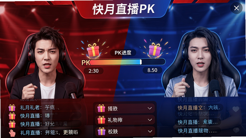主体:直播PK界面,两个主播屏幕左右分屏,中间显示PK进度条,下方有礼物排行榜和弹幕滚动。布局:左右分屏,顶部有“快月直播PK”字样。风格:竞技氛围,红蓝配色。细节:进度条数字,礼物图标特效。画质:超清,无多余元素。