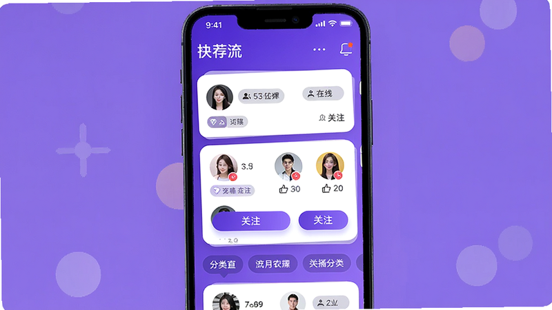 主体:手机屏幕展示快月直播首页推荐流,多个圆形主播头像排列,下方有“关注”按钮和分类标签。布局:竖屏滑动界面,主色调为紫色。风格:简洁现代,卡片式设计。细节:每个主播头像旁有在线人数和标签。画质:干净无杂乱元素。