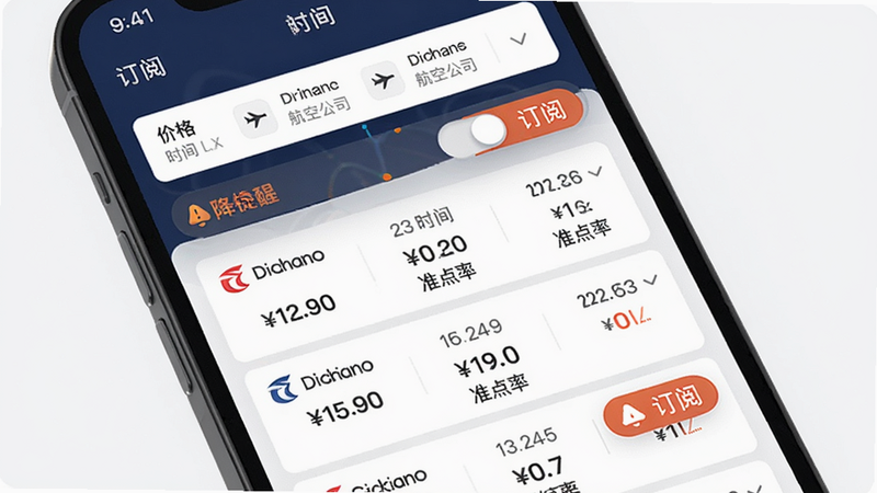 主体为手机屏幕显示空旅航班查询结果页,列表显示不同航空公司的价格、时间、准点率,顶部有筛选栏(价格、时间、航空公司)。布局为卡片列表,风格数据可视化,细节有“降价提醒”开关和“订阅”按钮,画质干净。