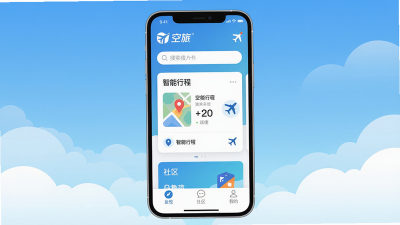 画面主体为一部手机屏幕展示空旅APP首页,屏幕上方显示“空旅”Logo和搜索栏,中部是智能行程卡片,下方有“发现”、“社区”、“我的”标签栏。背景为渐变的天空蓝与云朵,排版居中对称,风格扁平化、清新明快,细节包括地图图标、飞机图标,画质高清干净,无多余元素。