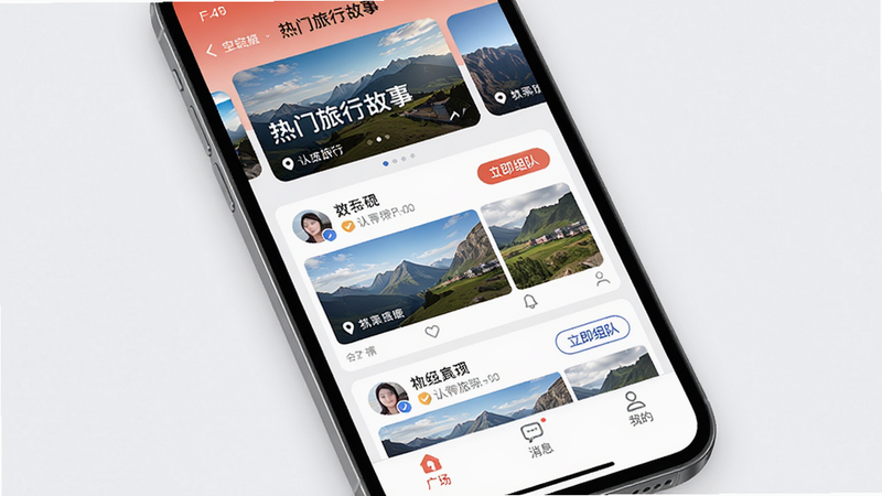主体为手机屏幕展示空旅社区页,顶部轮播热门旅行故事,中部是用户动态卡片(含头像、昵称、定位、图片),底部有“广场”、“消息”、“我的”导航。布局为瀑布流排版,风格现代社交化,细节有“认证”徽章和“立即组队”按钮,画质高清。