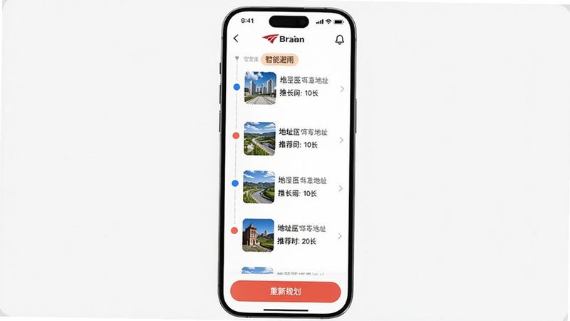 主体为手机界面显示空旅的AI行程规划结果,以时间轴排列景点,每个节点配有缩略图、地址和推荐时长。布局为纵向列表,风格简洁,细节有“智能避雨”标签和“重新规划”按钮,画质清晰,干净无多余元素。