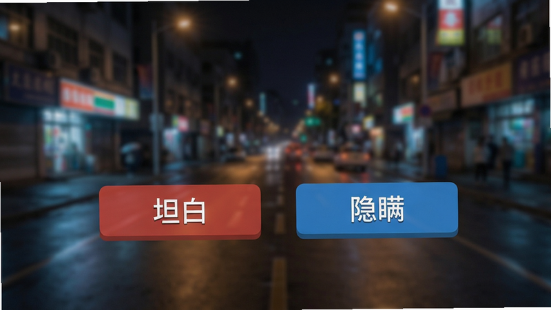 一张手机屏幕显示游戏选择界面,两个选项“坦白”和“隐瞒”分别用红蓝按钮,背景是模糊的街道夜景,界面简洁,中文文字清晰,适合移动端竖屏比例,画质干净清晰