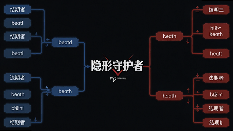 一张游戏剧情树状图,展示分支选择路径,中央是“隐形守护者”logo,周围连接不同结局标识,风格简洁清晰,布局整齐,蓝色与红色线条表示不同选择方向,画质锐利干净