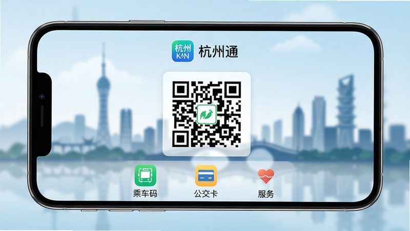 高清手机屏幕特写,展示杭州通APP主界面,主体为一部智能手机居中横屏摆放,屏幕上方显示“杭州通”应用图标及名称,中部为清晰的二维码乘车码,底部有“乘车码”、“公交卡”、“服务”三个功能图标,背景虚化呈现杭州城市剪影,风格写实明亮,细节丰富,画质4K,干净无多余元素