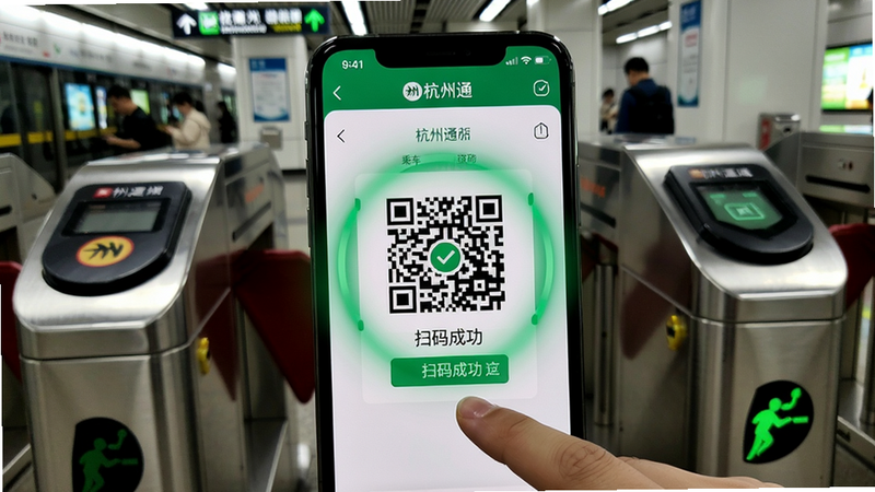 一张动态感的手机截图,背景是杭州地铁站闸机,手机屏幕放大显示杭州通APP乘车码界面,二维码清晰可见,周围有绿色“扫码成功”特效,构图居中,风格真实照片与UI元素结合,细节包含闸机面板、用户手指触摸动作,画质高清,文字“杭州通”出现在手机顶部状态栏,干净无多余元素