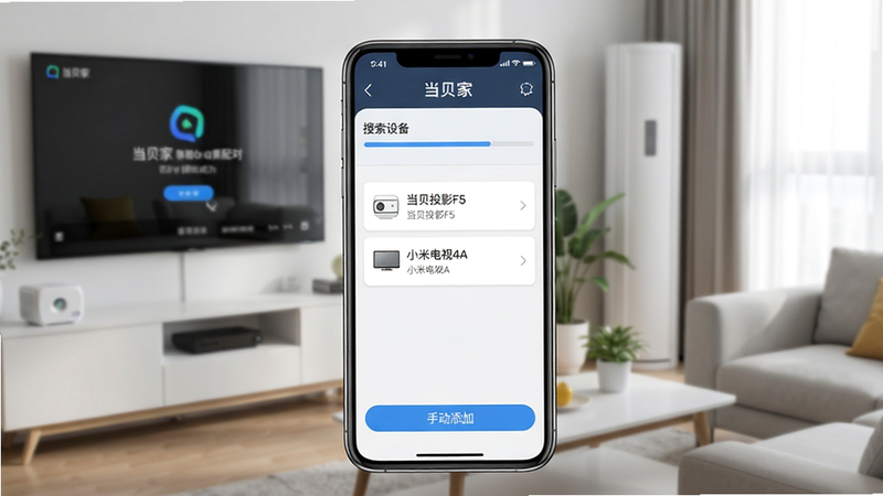 画面主体为一台手机屏幕显示“当贝家”遥控配对界面,顶部有“搜索设备”进度条,中部列出已发现的设备列表(如“当贝投影F5”“小米电视4A”),底部有“手动添加”按钮。背景为简约客厅,电视屏幕显示配对成功提示。布局居中,排版清爽,风格写实,细节突出手机界面文字“当贝家”和“搜索设备”,画质高清,干净无多余元素。