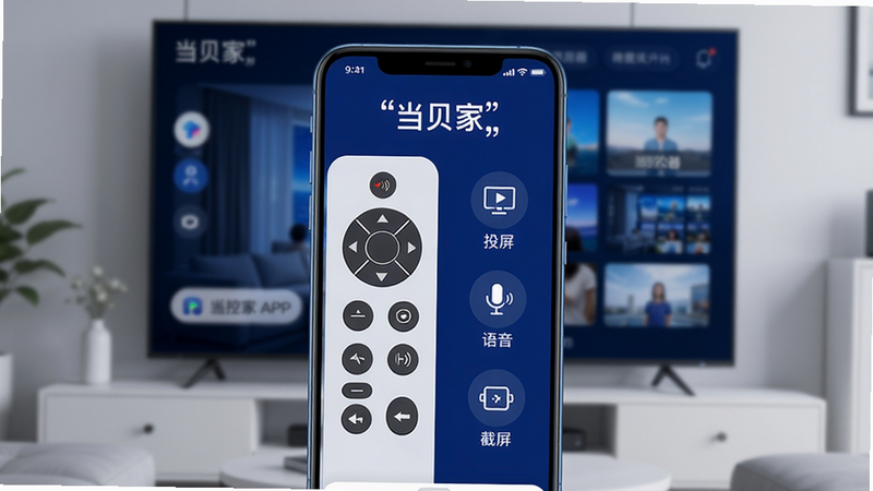 画面主体为一部智能手机竖屏居中展示“当贝家”APP主界面,界面左侧有模拟电视遥控器的按键布局(方向键、音量键、返回键等),右侧展示“投屏”“语音”“截屏”功能图标。背景为客厅场景中的大屏智能电视,屏幕显示与手机同步的内容。布局简洁现代,排版清晰,色彩以深蓝和白色为主,科技感十足,画质高清,干净无多余元素。手机屏幕上文字需带引号,如“当贝家”和“遥控器”。