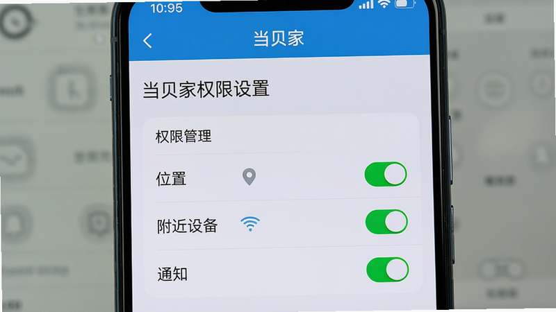 画面主体为手机屏幕显示“当贝家”设置页面,其中“权限管理”列表中有“位置”“附近设备”“通知”三个开关已开启。背景为手机系统设置界面,布局居中,排版简洁,风格写实,细节突出文字“当贝家权限设置”,画质高清,干净无多余元素。