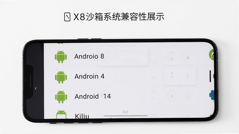 X8沙箱系统兼容性展示,手机显示支持安卓版本列表,背景为白色,列表项有安卓8到14图标,风格扁平,画质高清,简洁明了