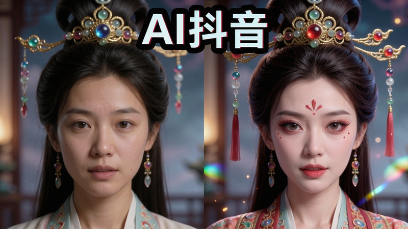主体为AI抖音变装特效对比画面,左侧为原始人脸,右侧为AI生成的古装形象,布局左右对称,排版上方有“AI抖音”字样,风格奇幻、色彩丰富,细节有古装头饰和滤镜光效,画质高清干净