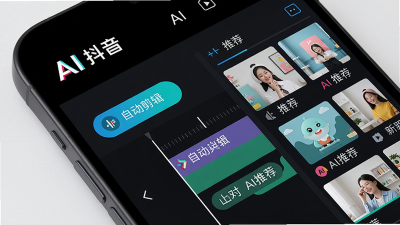 主体为手机屏幕,屏幕内显示AI抖音剪辑界面,布局为时间线+素材库,排版左上方有“AI抖音”Logo,风格科技感、简约扁平,细节有自动剪辑按钮、AI推荐标签,画质高清干净,无多余元素