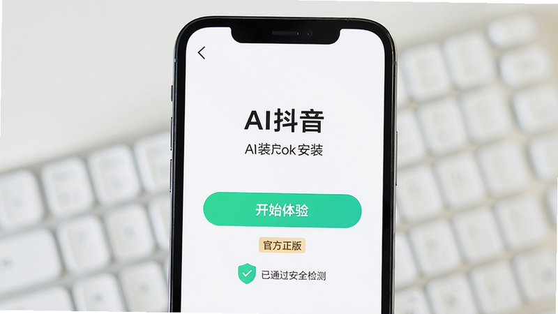 主体为手机屏幕上显示“AI抖音”安装完成界面,布局中央有“开始体验”按钮,下方带有“官方正版”认证标识,风格简洁安全,细节有绿色盾牌图标和“已通过安全检测”字样,画质高清干净,无多余元素