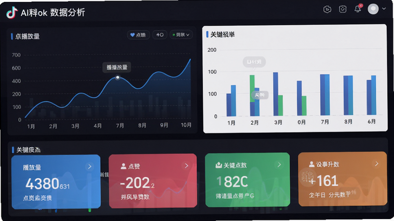 主体为AI抖音数据分析后台界面,布局以仪表盘形式展示,排版有折线图、柱状图和关键指标卡片,风格专业商务,细节有播放量、点赞数等数据标签,画质清晰,无多余元素