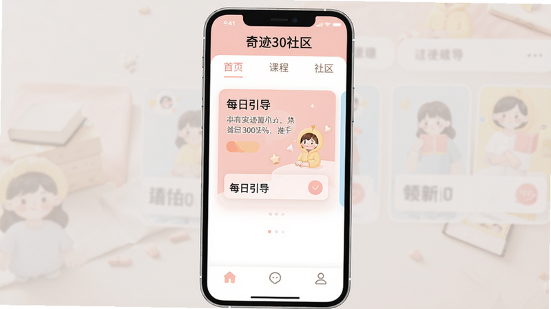 �漣30����APP������չʾ�������������С���ҳ�������γ̡������������ȱ�ǩ���м����Ƽ���ÿ��������Ƭ���ײ��и�������ͼ�ꡣ���岼�ּ�࣬ɫ�������ů������ǳ��ɫ���ɫ���䣬����ɾ��޶���Ԫ�أ��������������С��漣30�����������ڶ�����