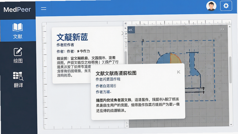 ���壺MedPeer��������������������խ�������г����ס���ͼ������ͼ�꣬�����������ʾ����ժҪ���ͼ�����ϲ��֣����Ͻ����û�ͷ������ð�ť���Ű棺��������ʽ��������ռ15%��������ռ85%����񣺱�ƽ����ƣ�������ɫ������ƬʽUI���ɾ���ˬ��ϸ�ڣ�������ͼ������ֱ�ǩ�����ס�����ͼ�������롱�����뻭���б�ߺ��������׿�Ƭ��ʾ���⡢���ߺ�ժҪƬ�Ρ����ʣ�4K���壬�޶���װ��Ԫ�أ����������ɶ���