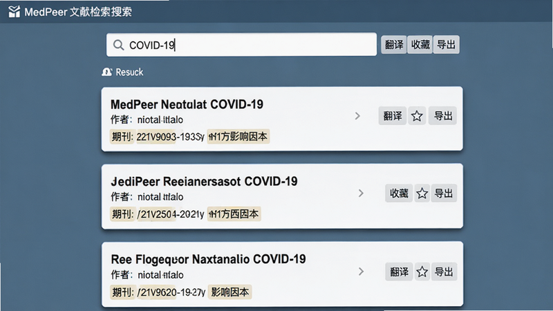 ���壺MedPeer���׼��������ͼ���������������롰COVID-19�����·�����б���ʾ��ƪ���׿�Ƭ��ÿ�ſ�Ƭ�б��⡢���ߡ��ڿ���Ӱ�����ӱ�ǩ�����֣����½ṹ����������У�����б��������С����ѧ���������ɫ��������Ƭ����Ӱ��ϸ�ڣ���Ƭ�Ҳ��С����롱���ղء�������������С��ť�������������ʾ�����Ͻǡ����ʣ����壬�޹����ţ����ֿɶ���