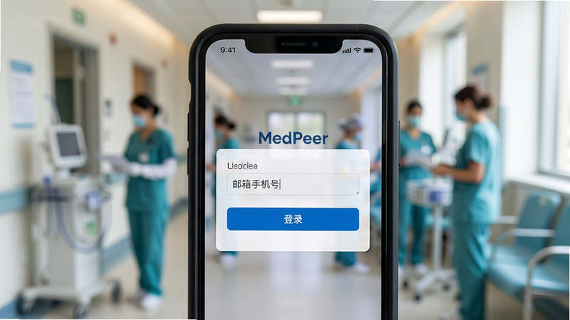 ���壺һ���ֻ���Ļ����ʾMedPeer�ĵ�¼���棬����ΪҽԺ�����黯�����֣��ֻ����У���Ļ���ݷŴ�չʾ��¼���С�����/�ֻ��š������͡���¼����ť�������ʵ��Ӱ��������Ȼ�⡣ϸ�ڣ��ֻ���Ե�б����ǣ���Ļ������΢�����ʣ�4K��ϸ���������޶���Ԫ�ء�