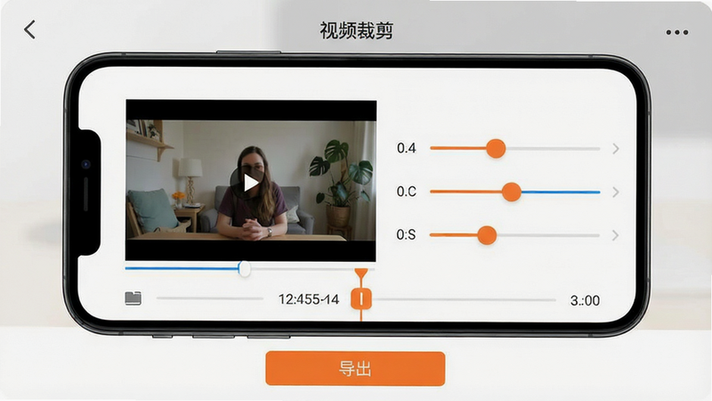 主体:手机屏幕显示视频裁剪软件操作界面,布局居中,左侧是原始视频预览,右侧是裁剪参数调节滑块,排版简洁,风格扁平化UI设计,细节包括时间轴上的橙色裁剪手柄、底部“导出”按钮,画质高清干净,无多余元素。文字“视频裁剪”显示在顶部标题栏。