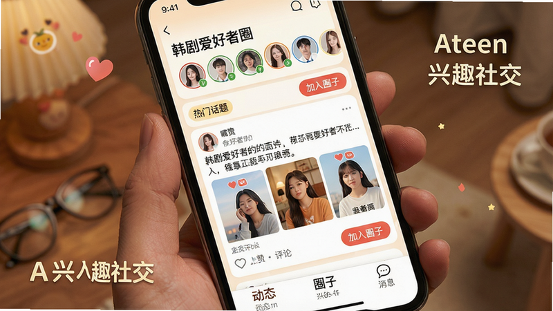 主体:手机屏幕展示社交圈子界面,顶部为“韩剧爱好者圈”名称和成员头像列表,中部为帖子信息流(包含文字、图片、点赞评论按钮),底部导航有“动态、圈子、消息”标签。布局清晰,风格温馨活泼,细节包括“热门话题”标签、“加入圈子”按钮,画质高,文字标注:“Ateen 兴趣社交”。
