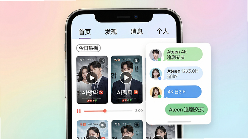 主体:Ateen应用主界面,手机屏幕居中展示,布局分为顶部导航(含“首页、发现、消息、个人”四个标签),中部左侧为韩剧海报缩略图列表(带播放按钮),右侧为聊天悬浮窗(显示未读消息气泡)。背景为柔和渐变色,风格清新韩系,细节包括“今日热播”标签、播放进度条、好友头像,画质4K干净无多余元素。文字标注:“Ateen 追剧交友”。