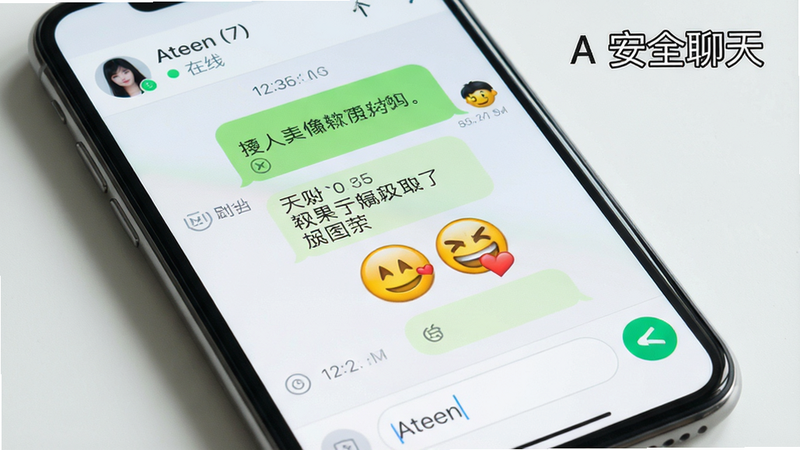 主体:手机屏幕显示Ateen聊天界面,对话气泡包含文字和表情包,顶部显示对方昵称和在线状态,底部为输入框和发送按钮。布局简洁,风格清新,细节包括已读标识、时间戳,画质干净,文字标注:“Ateen 安全聊天”。