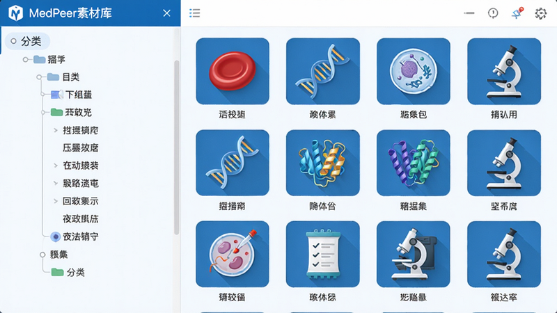MedPeer素材库界面,左侧分类树形结构,右侧网格展示各类医学图标,包括红细胞、DNA双螺旋、蛋白质结构、显微镜等,每个图标下方有中文名称,界面简洁,色调以蓝白为主,高清画质,干净。