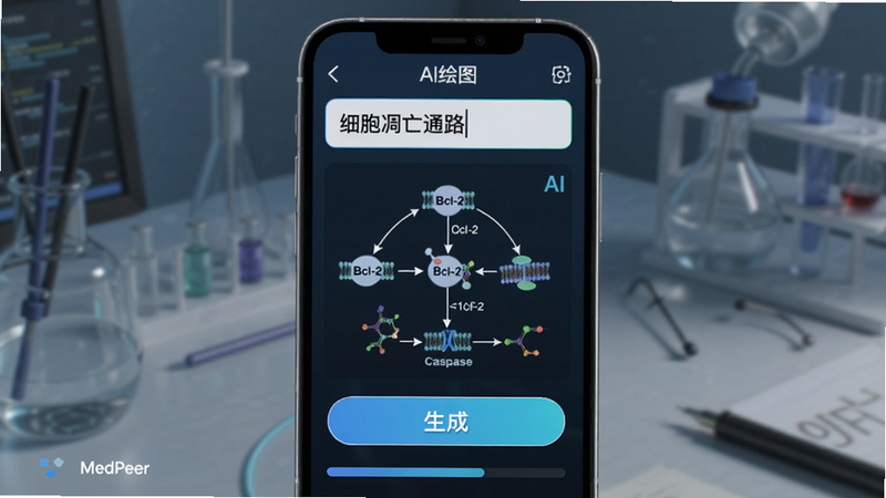 MedPeer AI绘图功能演示,手机屏幕上显示输入框,用户输入'细胞凋亡通路',下方AI自动生成包含Caspase、Bcl-2等分子的通路图,界面有'生成'按钮和进度条,风格科技感,画质清晰,文字显示'AI绘图'和'MedPeer'。
