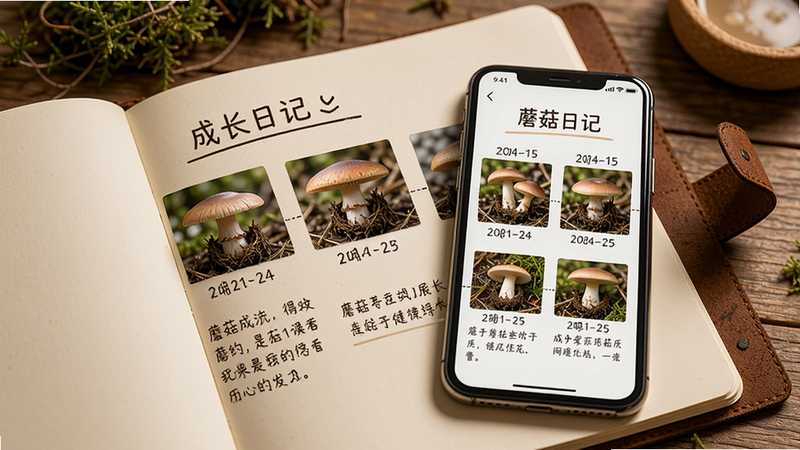 一个打开的笔记本旁边放着一部手机,手机屏幕上显示蘑菇成长日记页面,有几张不同日期的蘑菇照片按时间排列,下方有文字描述。风格写实,暖色调,细节丰富,画质清晰,无多余元素。文字“成长日记”出现在屏幕顶部。