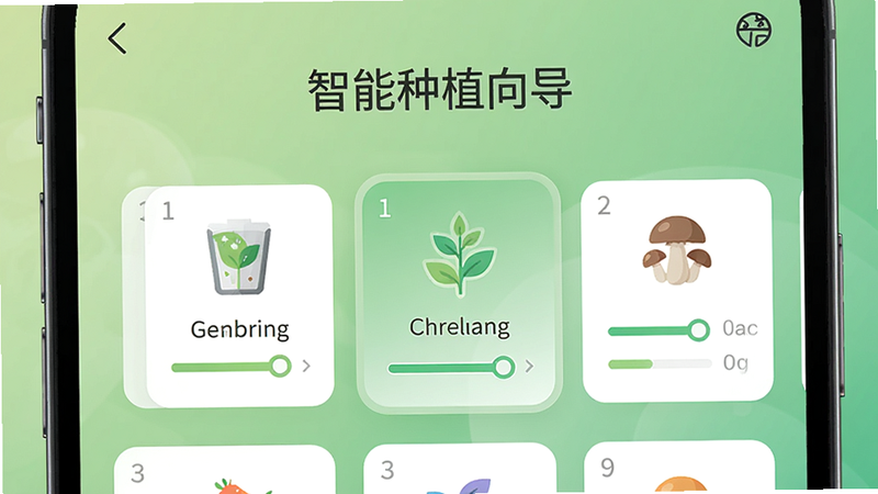 手机屏幕显示蘑菇盒子APP的智能种植向导界面,步骤以卡片形式排列,当前步骤高亮,有进度条和图标。背景是柔和的绿色渐变,UI设计扁平化,色彩清新,画质高清,干净无多余元素。界面顶部文字“智能种植向导”。