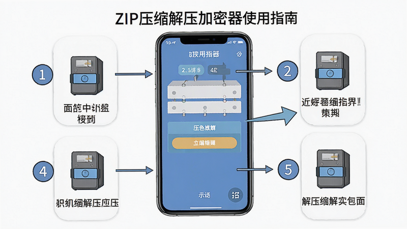 zip压缩解压加密器使用指南示意图,手机屏幕上显示软件操作界面,周围有数字步骤标注,风格教程插图,高清画质,干净无多余元素