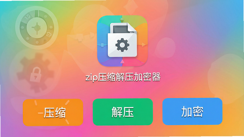 zip压缩解压加密器软件主界面截图,手机屏幕居中显示软件图标和名称“zip压缩解压加密器”,下方有三个主要功能按钮:压缩、解压、加密,背景为渐变色,风格扁平化,色彩明亮,画质高清,干净无多余元素