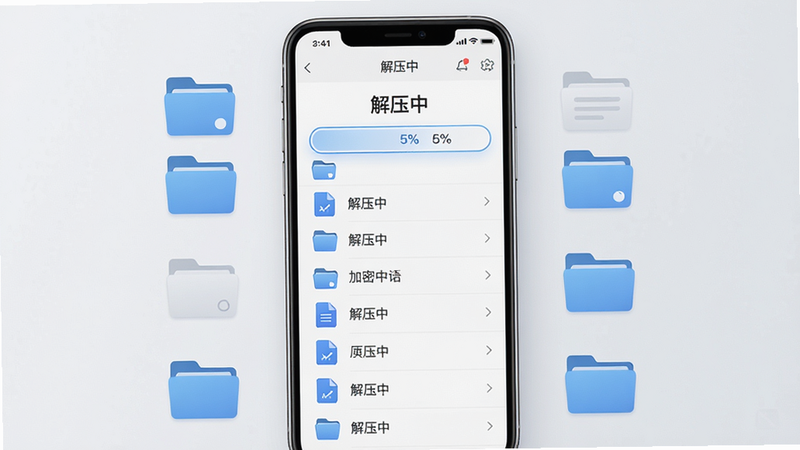 zip压缩解压加密器压缩解压功能操作界面,手机屏幕上显示一个正在解压的文件列表,进度条显示百分之五十,周围有文件夹图标,风格现代,高清画质,文字标注“解压中”,干净无多余元素